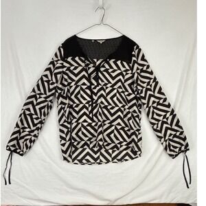 Guess Black & White Geometric Print Long Sleeve Blouse Top - Size L